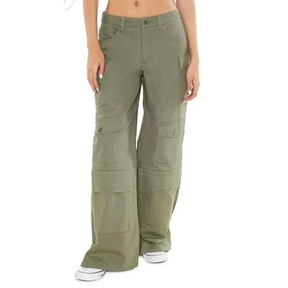 Forever 21 Women's High-Waisted Olive Cargo Pants Large Wide-Leg NWT - Picture 1 of 7